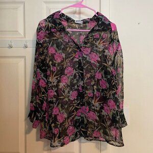 Womens Apparenza Vintage Button Down Sheer Shirt Top Pink Floral Pattern Size XL